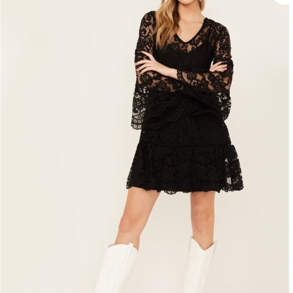 Scully Lace Crochet Long Bell Sleeve Mini Dress Sz L - Picture 2 of 9